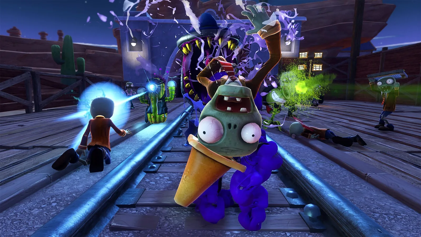 EA official nighttime Garden Warfare gameplay screenshot with plants and zombies on a track