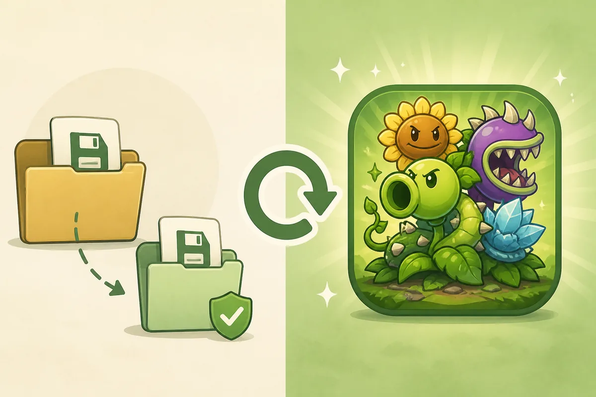 Ilustração editorial de uma cópia protegida do salvamento do PvZ Fusion antes da atualização
