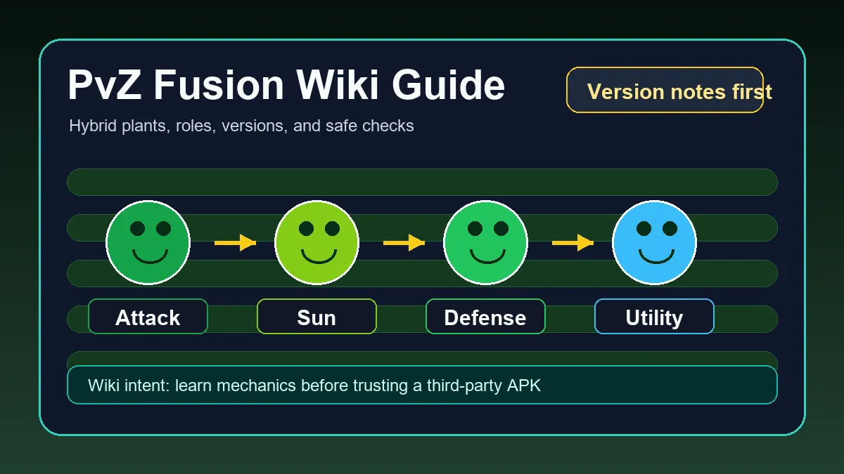 Guide wiki PvZ Fusion montrant plantes hybrides, versions et notes de jeu