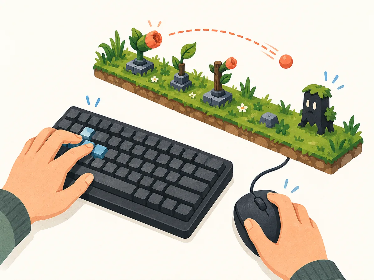 Editorial concept illustration of keyboard and mouse controls linked to a lawn-defense scene