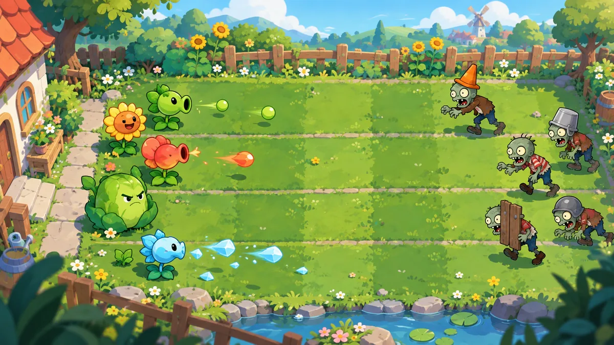 Concept illustration of cartoon lawn defenders facing zombies across garden lanes; not an in-game screenshot