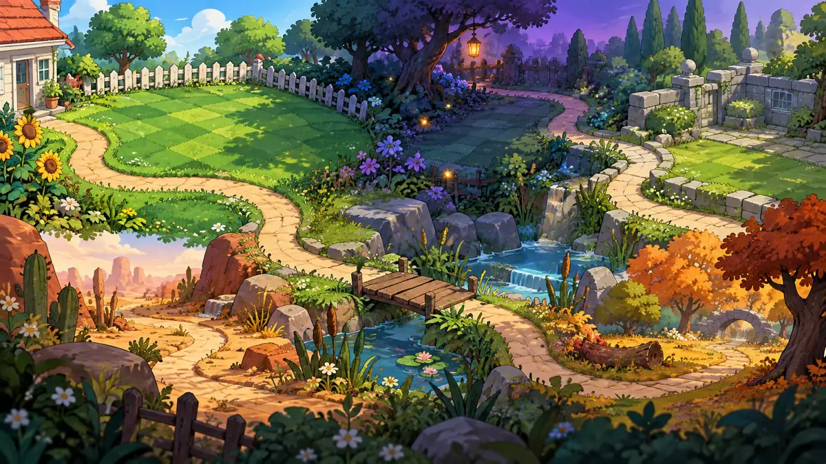 Concept illustration showing several different garden environments as an example of map variety