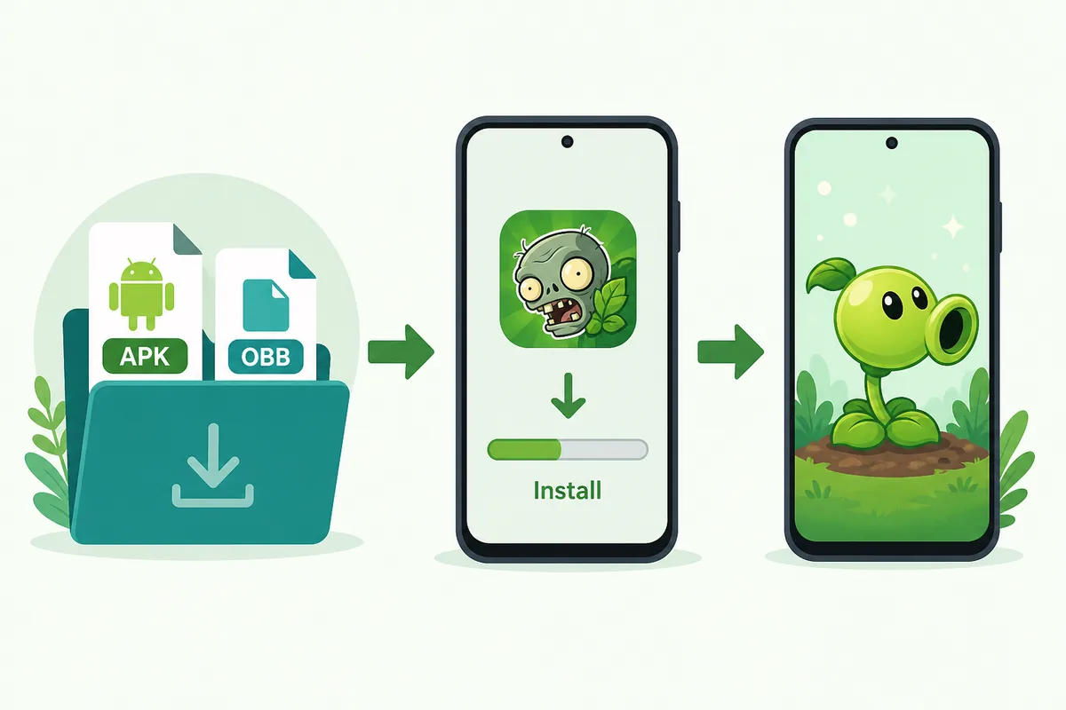 Ilustración del flujo de instalación de PvZ Reflourished APK y OBB en Android