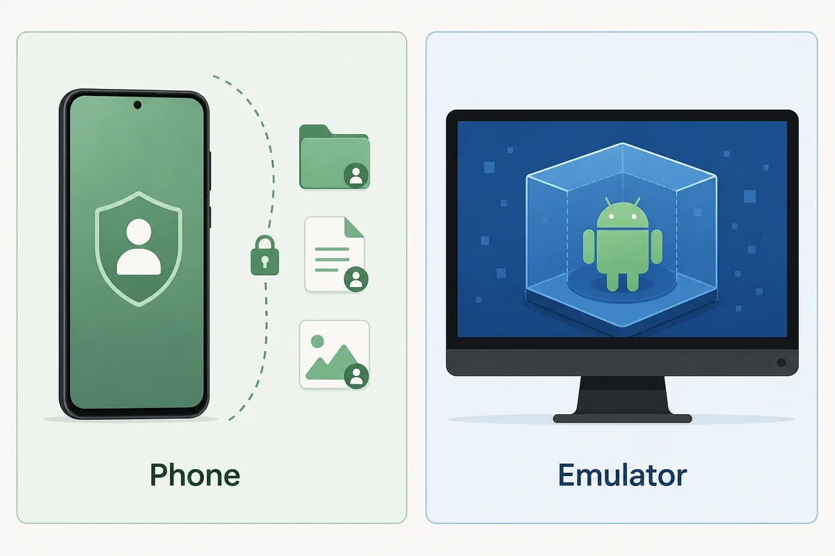 Ilustración comparando prueba en móvil y emulador Android para PC