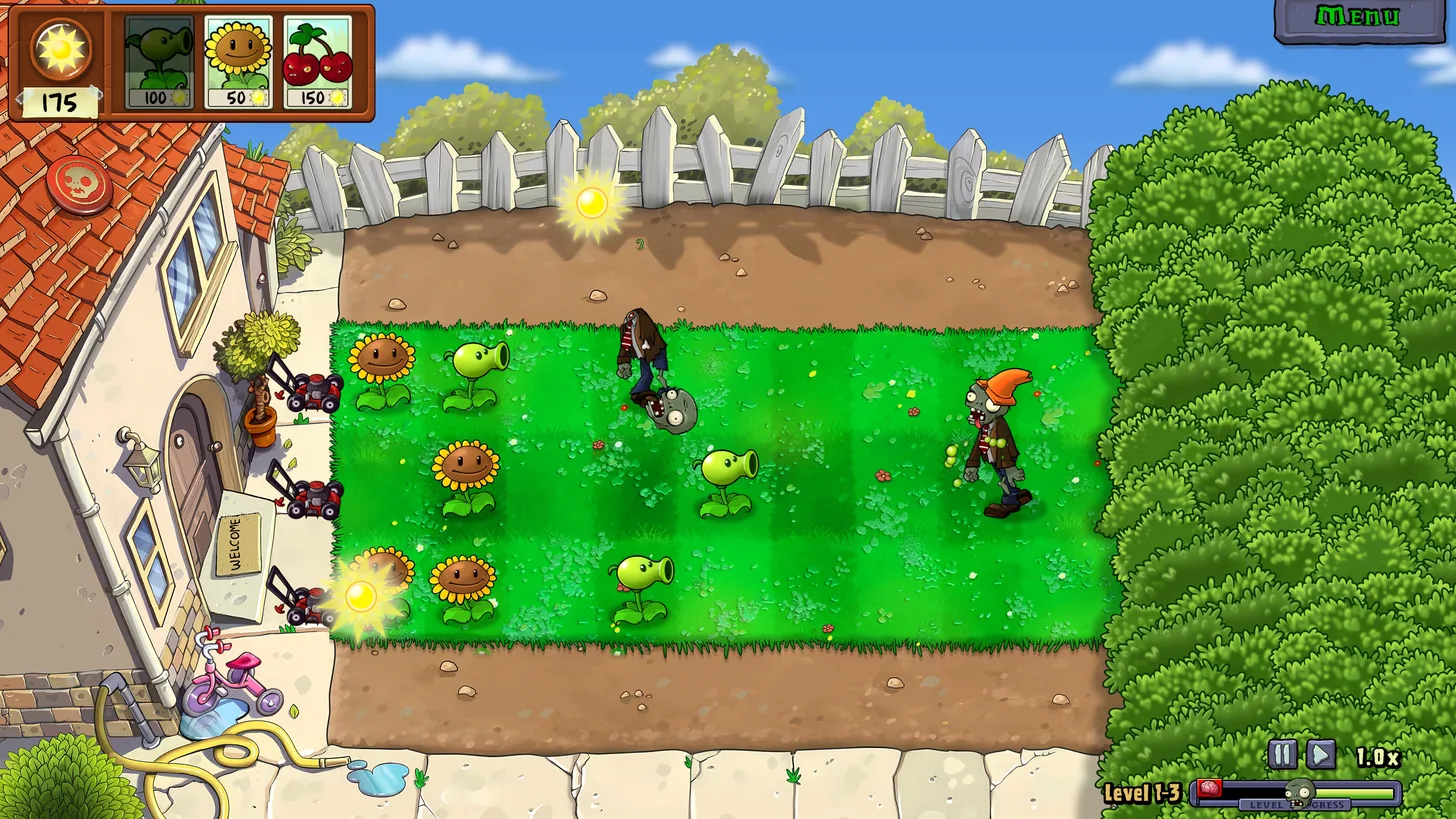 Captura oficial de juego diurno de PvZ Replanted con plantas, soles y zombis