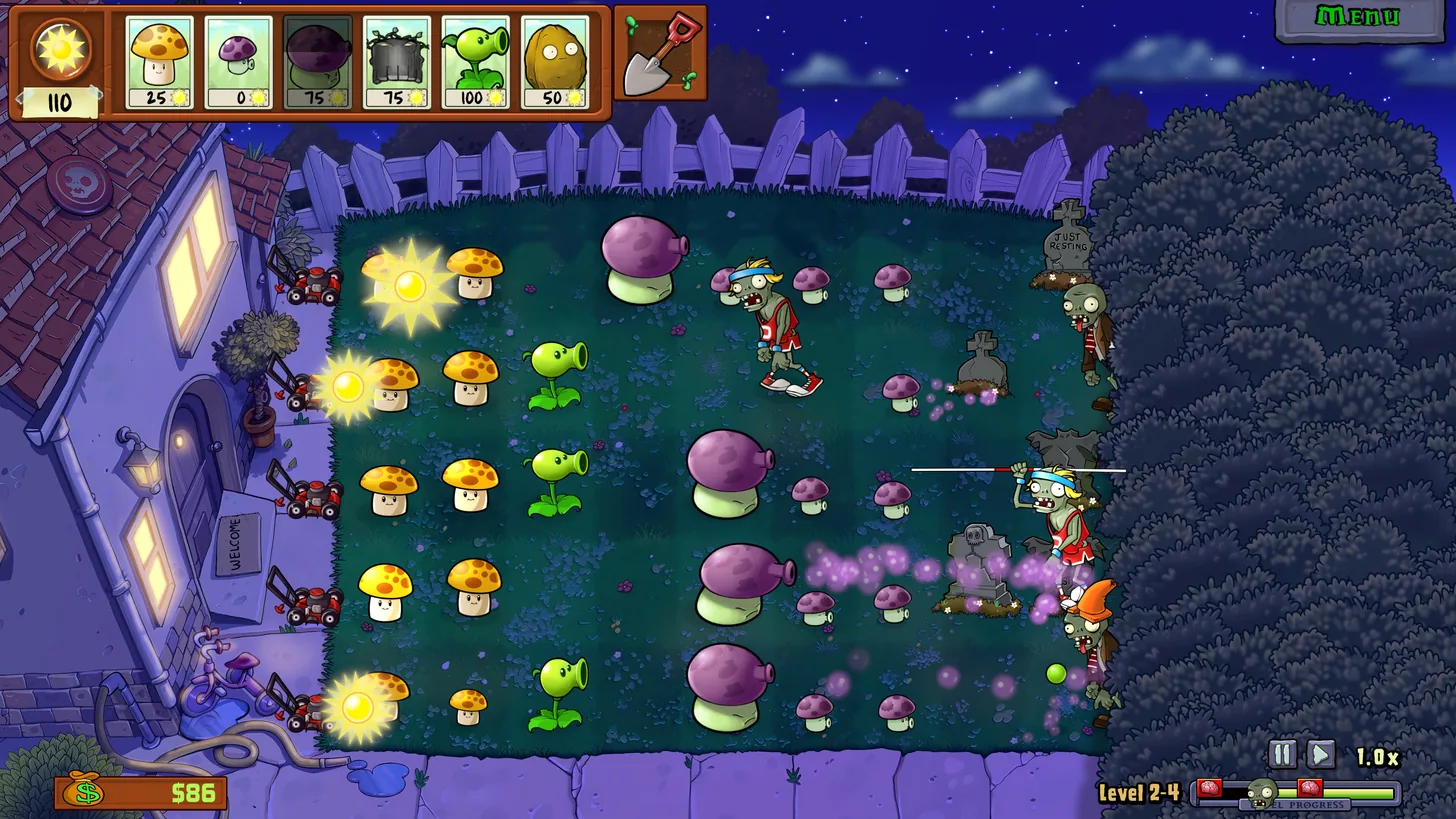 Captura oficial nocturna de PvZ Replanted con setas y zombis