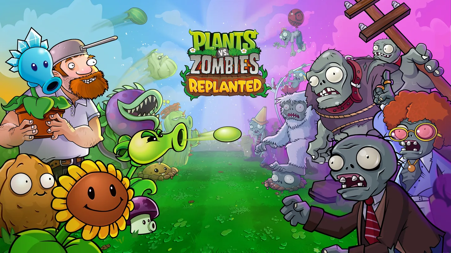 Arte oficial de Plants vs Zombies Replanted con plantas y zombis en un césped