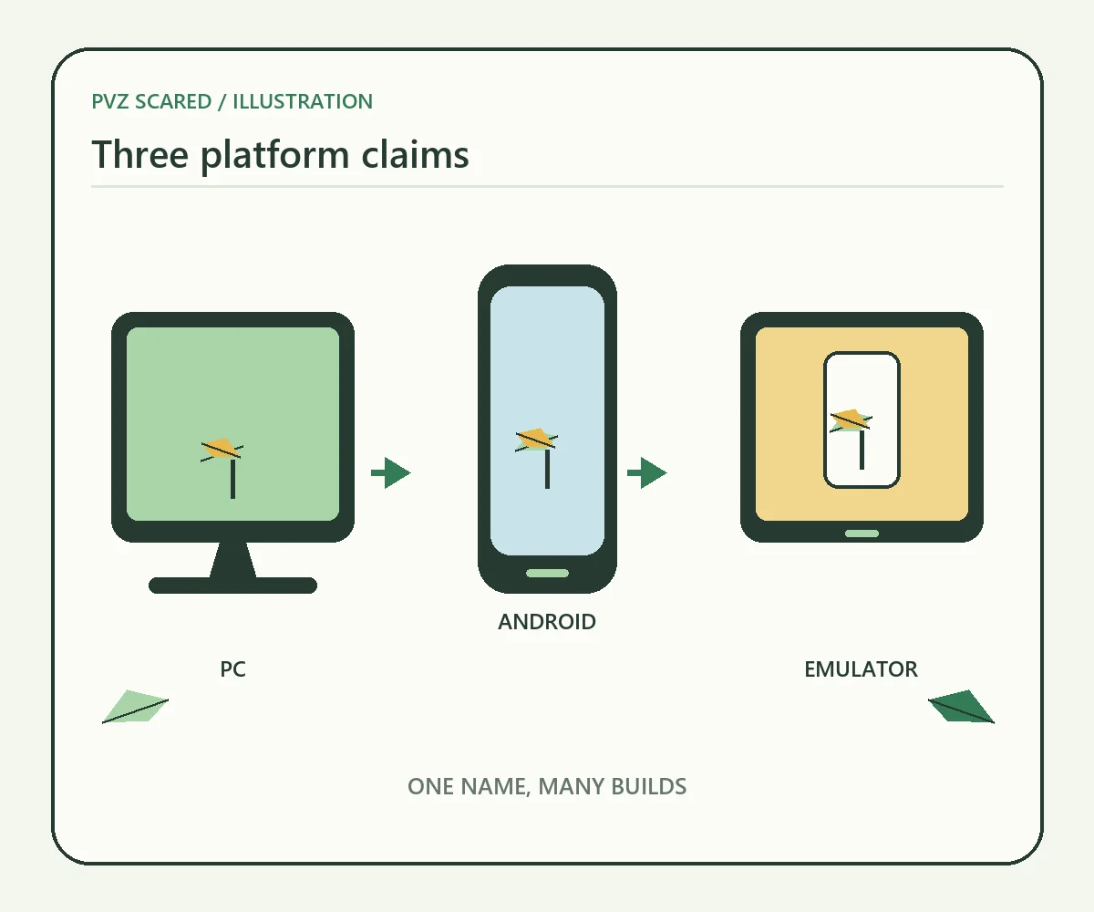 Redaktionelle Grafik mit getrennten PC-, Android- und Emulatorwegen für eine Community-Datei