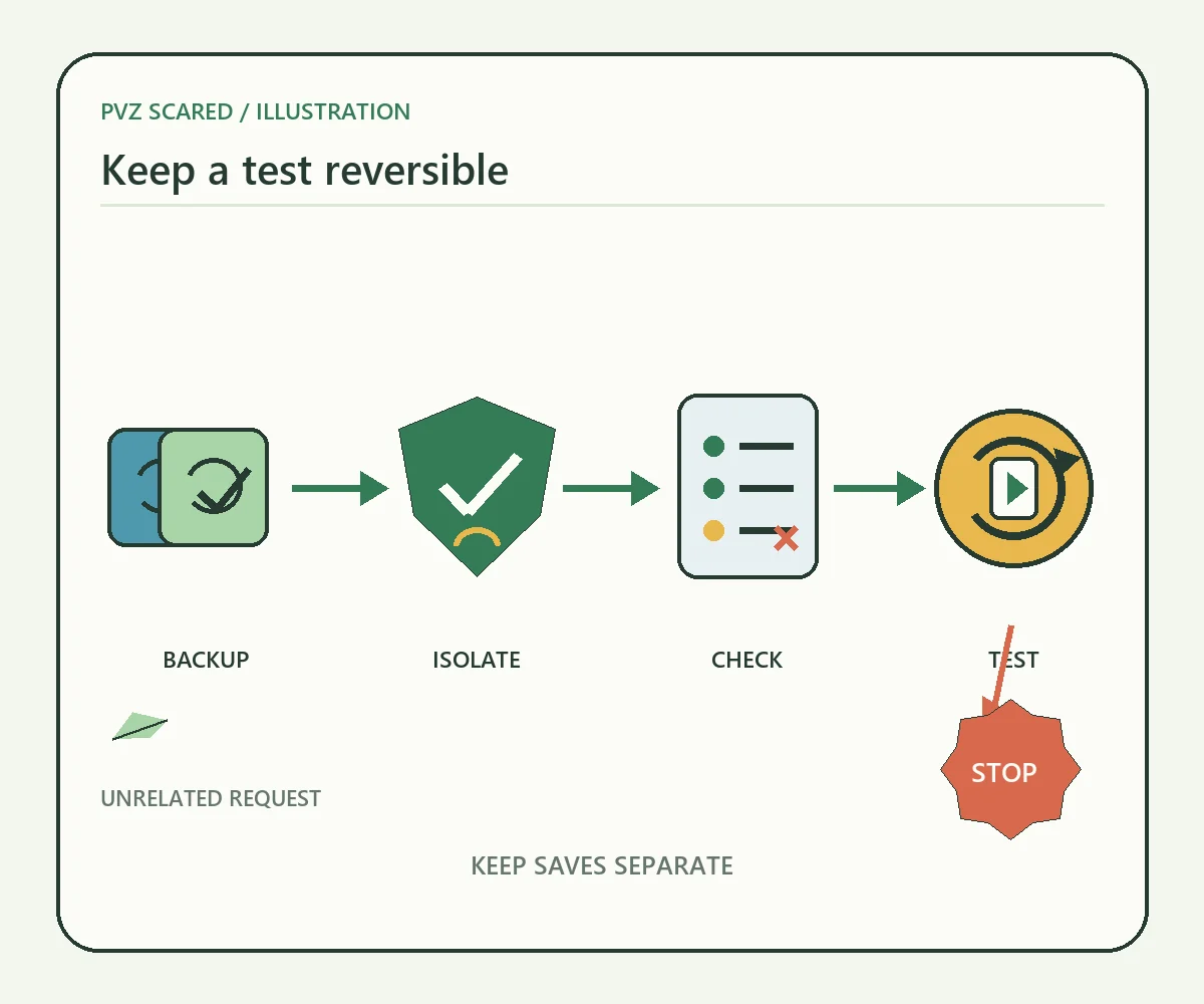 Redaktionelle Grafik zu Backup, isoliertem Test, Berechtigungsprüfung und Wiederherstellung