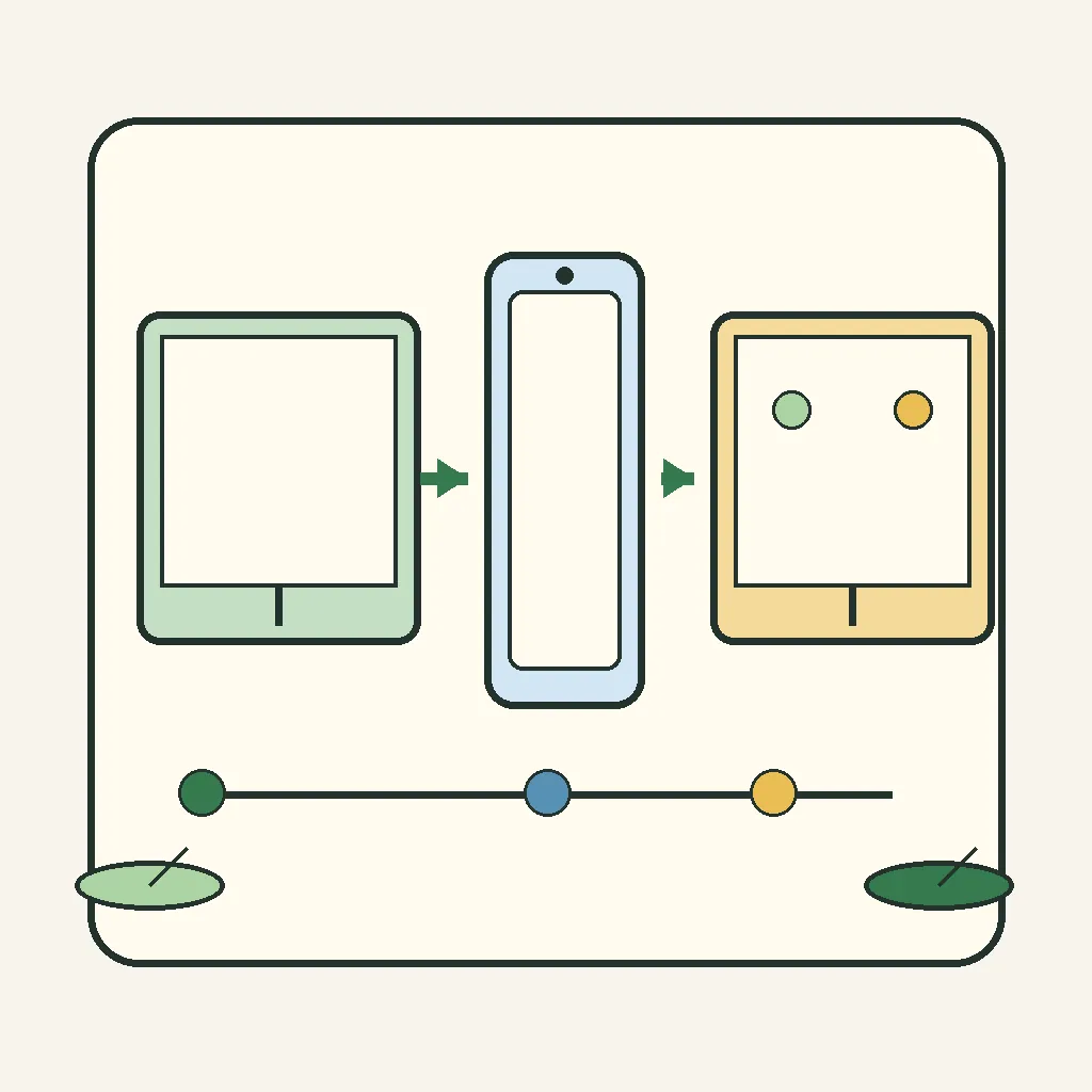 Ilustración editorial que compara rutas separadas de PC, teléfono Android y pruebas con emulador